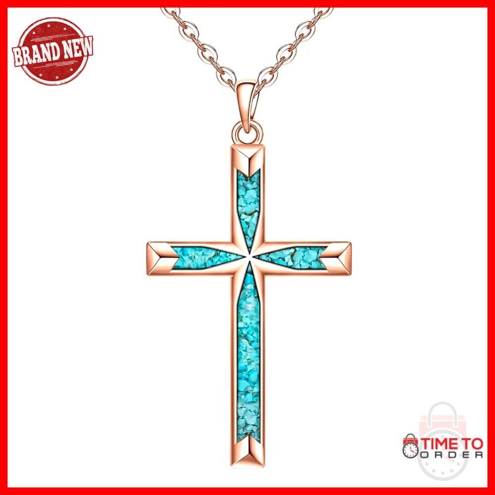 Sterling Silver Cross Pendant Necklace with Turquoise Inlay Adjustable Chain